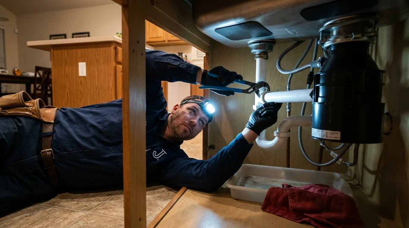 P-trap and supply line connections under a kitchen sink showing a common leak point in Grove, OK